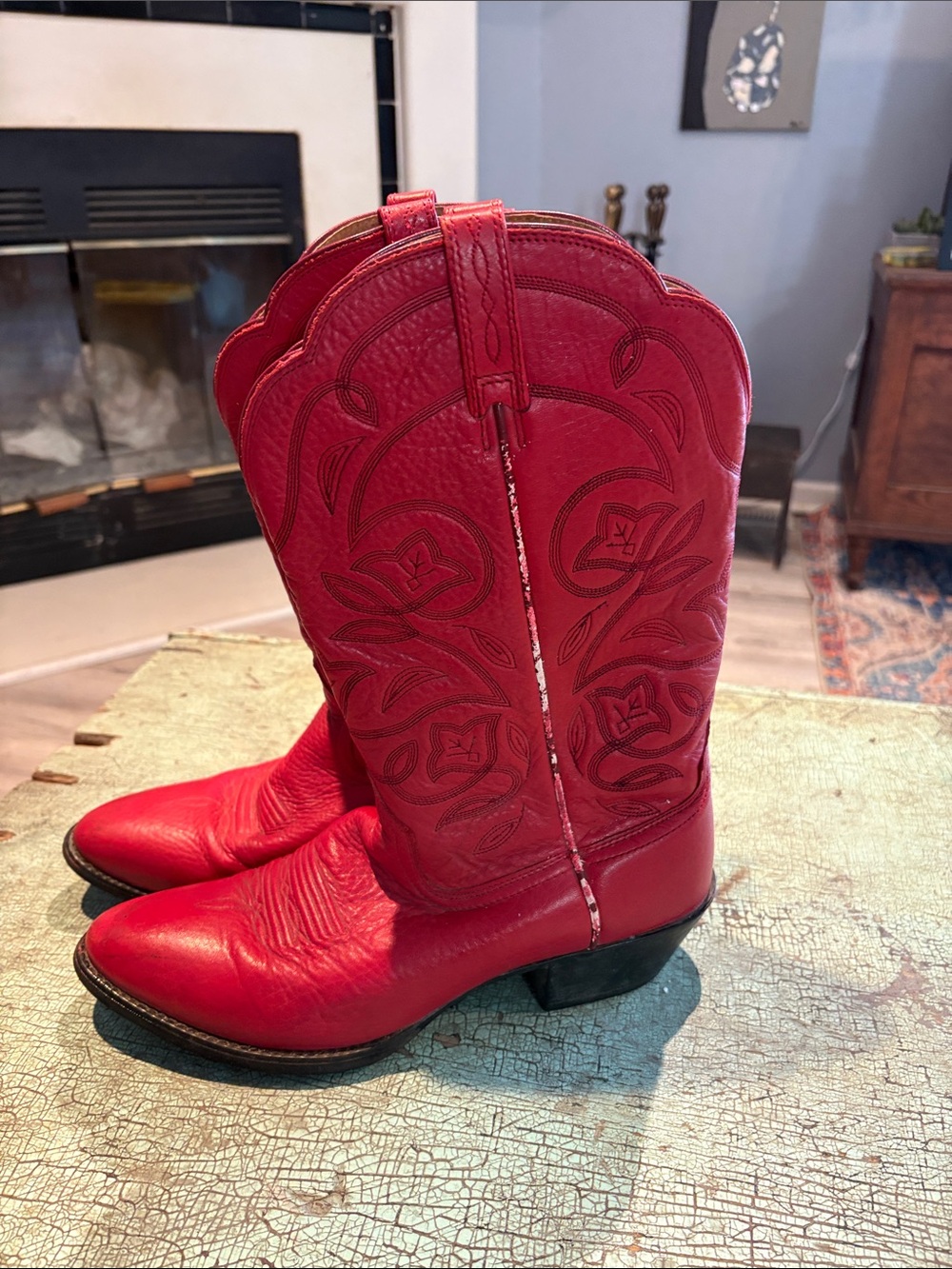 Ariat Red Western Cowboy Boots Leather Floral Stitch Women’s US 10B - Picture 4 of 9